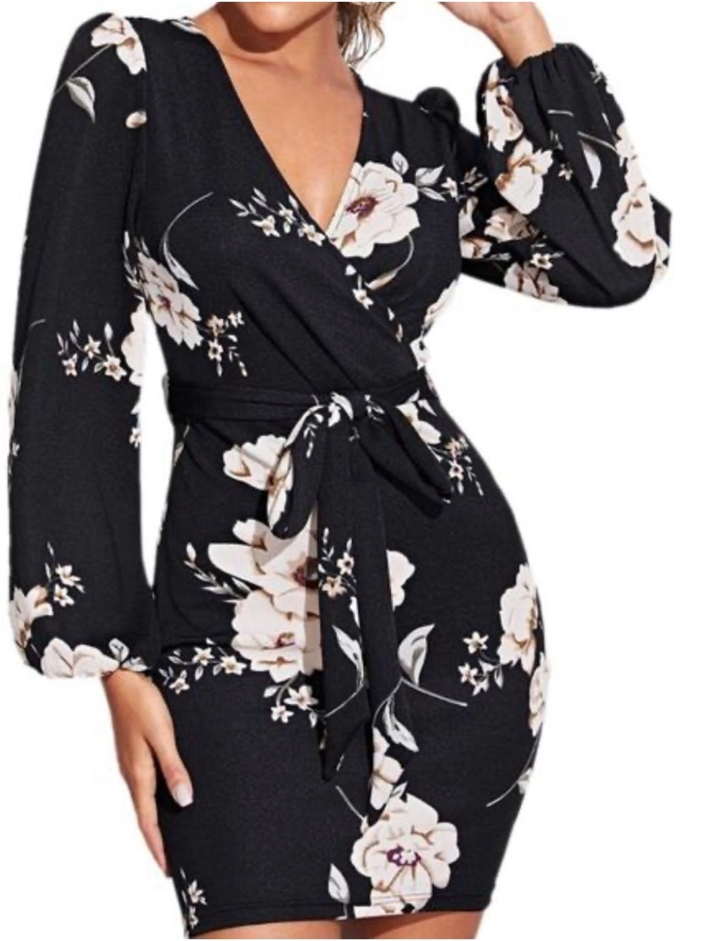 SHEIN Black Floral Wrap V-Neck Long Sleeve Dress with cream Flowers